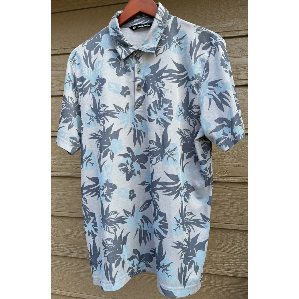 Travis Mathew Polo Shirt Mens L Grey Blue Floral Pima Blend Short Sleeve Golf